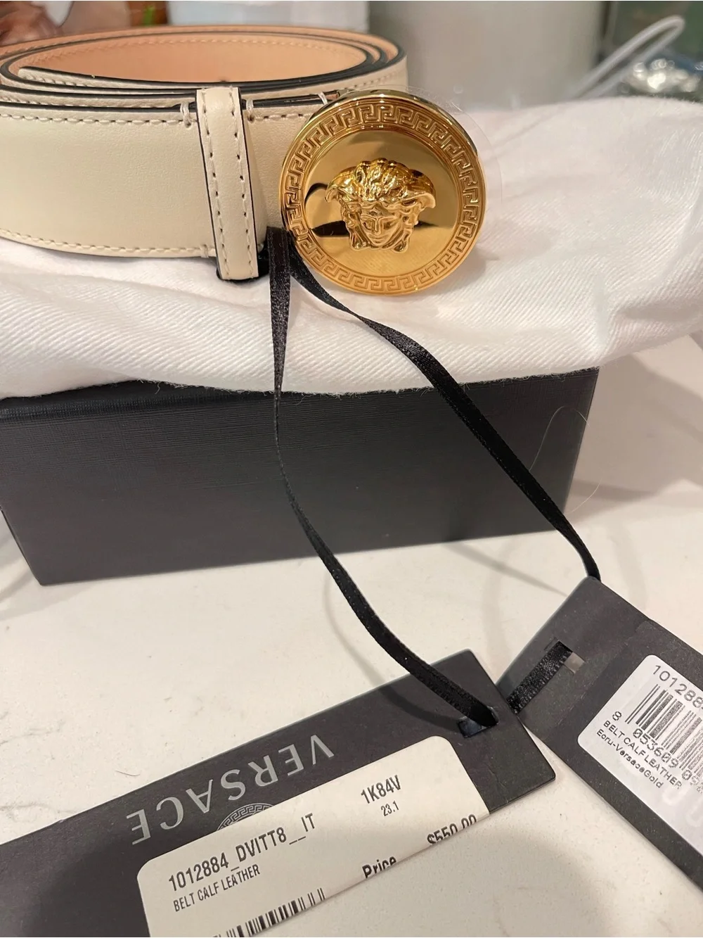 Versace NWT Cream Leather Belt with Gold Medusa Coin Buckle